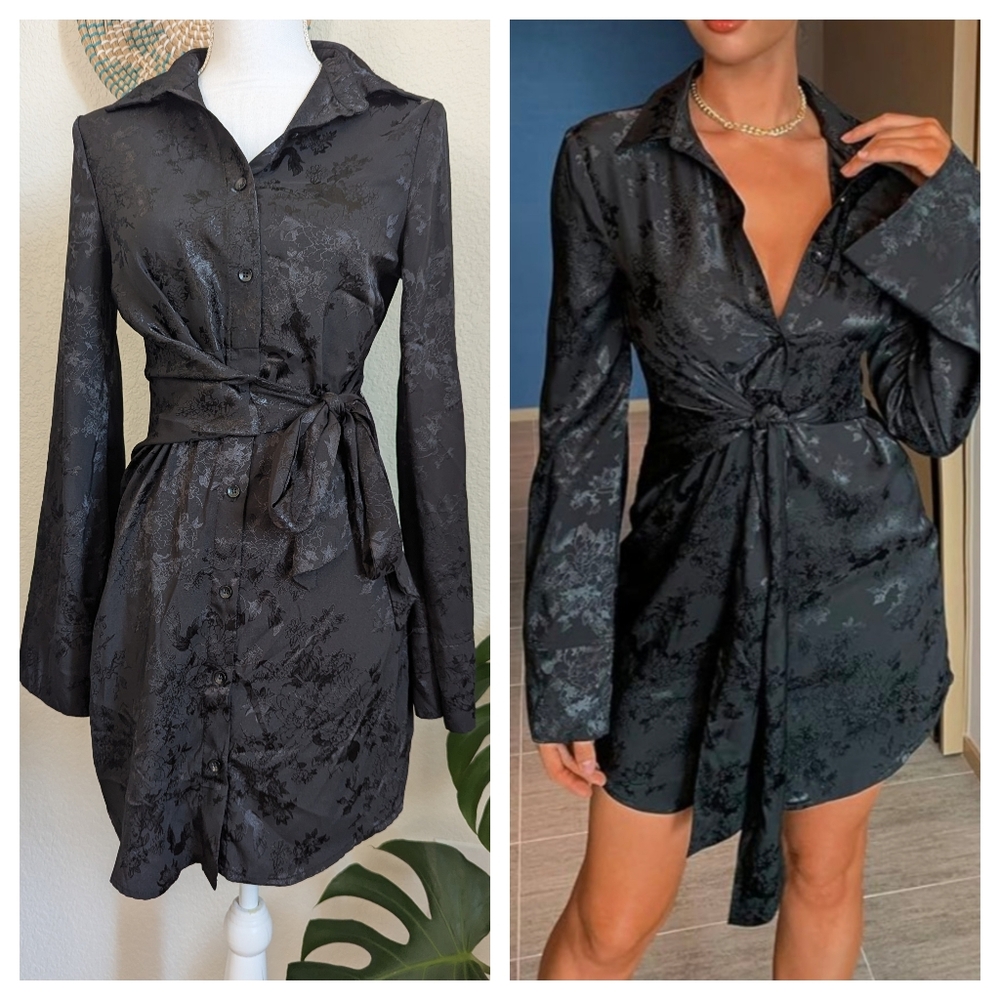 Jacquard Floral Black Knot Front Shirt Dress with Bell Sleeves